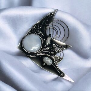 Art nouveau Black Enamel Silver Tone Fish Brooch With Fresh Water Pearls